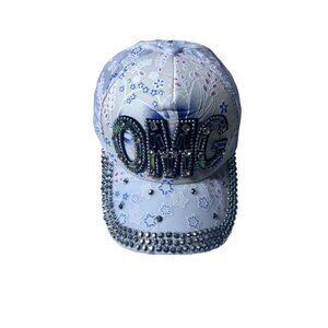 Rhinestone Embellished "OMG" Cap Hat With Floral‎ Print & Adjustable Strap